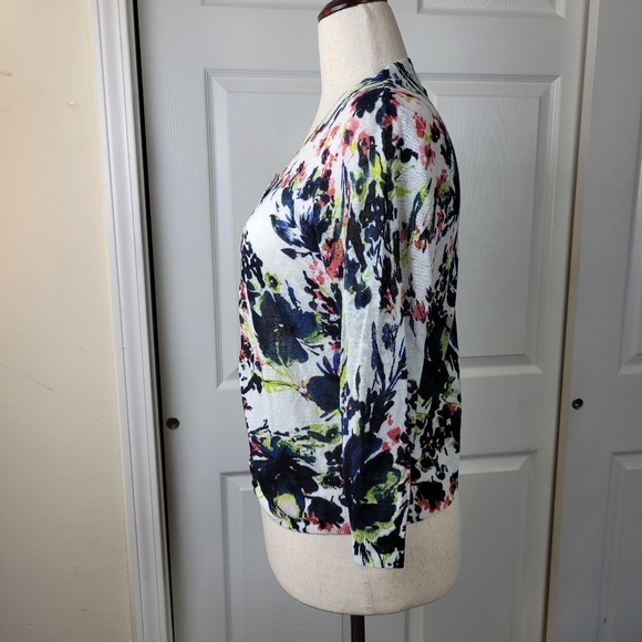 Jones & Co New York women's Cardigan- LARGE- 3/4 Sleeve cream Linen floral print - Picture 7 of 12